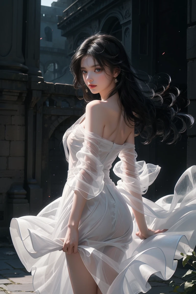 ((Girl standing in front of the wall of an old castle))、Fluorescent color、1 girl、Look to the side、Beautiful Face、Beautiful Eyes、（Off the shoulder：1.2）、Upper Body、Shiny Hair、Glowing Skin、 Reduce glare、Adjusted finger proportions、escrow、ass pov、Dynamic Angle、(((Master Parts)))、(((Highest quality)))、(((Super-detailed))) detailed）、（An illustration）、（detailedな光）、（Very delicate and beautiful）、dramatic_Shadow、Ray_Tracking、reflection、 Ultra-high resolution、((A girl with colorful hair and black hair with mesh))、 Her hair flutters in the wind、(big deep blue eyes)、Black-haired woman、 Sparkling butterfly、Black-haired woman、Points of light around the woman、Magical Aura、Green dot、About Auras Nature、超Magical AuraBlack-haired woman,((Translucent white open shoulder dress:1.3))、(Sleeveless)、((My skirt is flying up in the wind)),((An old European castle looms in the distance)),