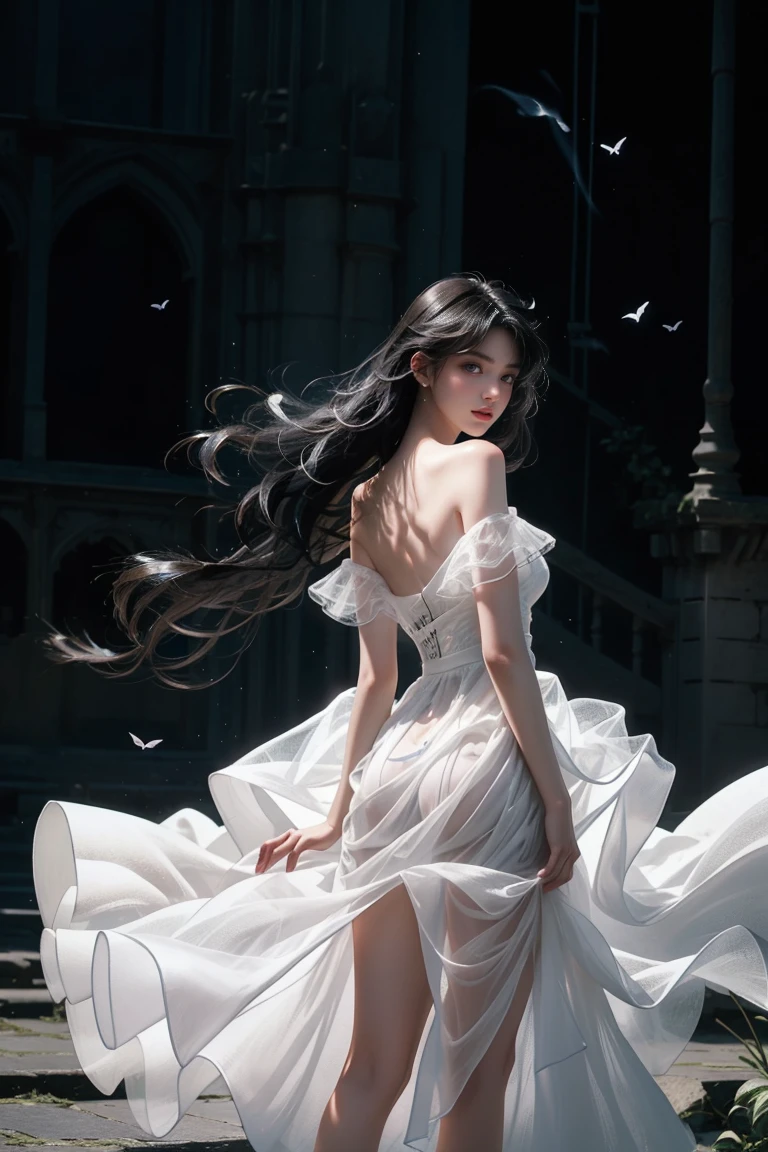 ((Girl standing in front of the wall of an old castle))、Fluorescent color、1 girl、Look to the side、Beautiful Face、Beautiful Eyes、(Off the shoulder:1.2)、Upper Body、Shiny Hair、Glowing Skin、 Reduce glare、Adjusted finger proportions、escrow、ass pov、Dynamic Angle、(((Master Parts)))、(((Highest quality)))、(((Super-detailed))) detailed)、(An illustration)、(detailedな光)、(Very delicate and beautiful)、dramatic_Shadow、Ray_Tracking、reflection、 Ultra-high resolution、((A girl with colorful hair and black hair with mesh))、 Her hair flutters in the wind、(big deep blue eyes)、Black-haired woman、 Sparkling butterfly、Black-haired woman、Points of light around the woman、Magical Aura、Green dot、About Auras Nature、超Magical AuraBlack-haired woman,((Translucent white open shoulder dress:1.3))、(Sleeveless)、((My skirt is flying up in the wind)),((An old European castle looms in the distance)),