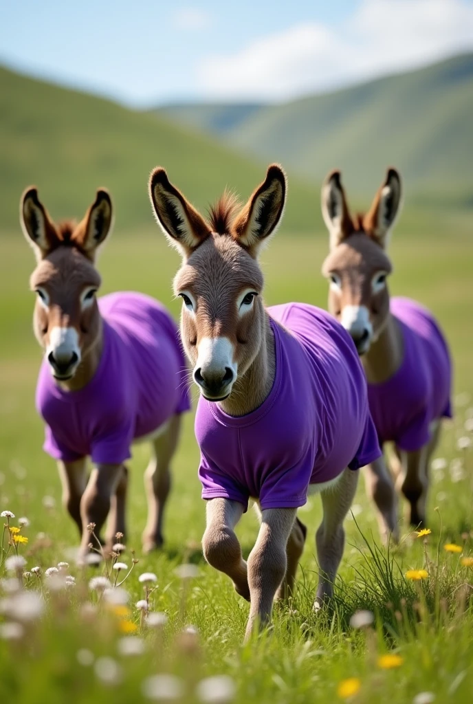A herd of donkeys in purple t-shirts