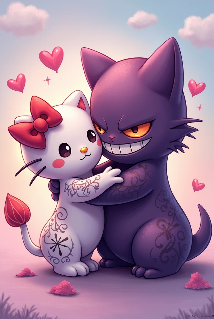 Gengar and hello kitty, pink iconic character, couple, Kiss, 2D, tattoo, devil, drawing
