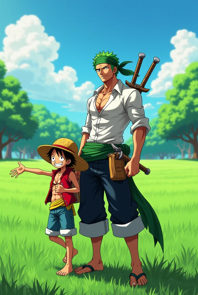 A man in open green fields. Animated like anime character zoro from one piece. Add some more details. Add trees and clothes. Add luffy in this frame