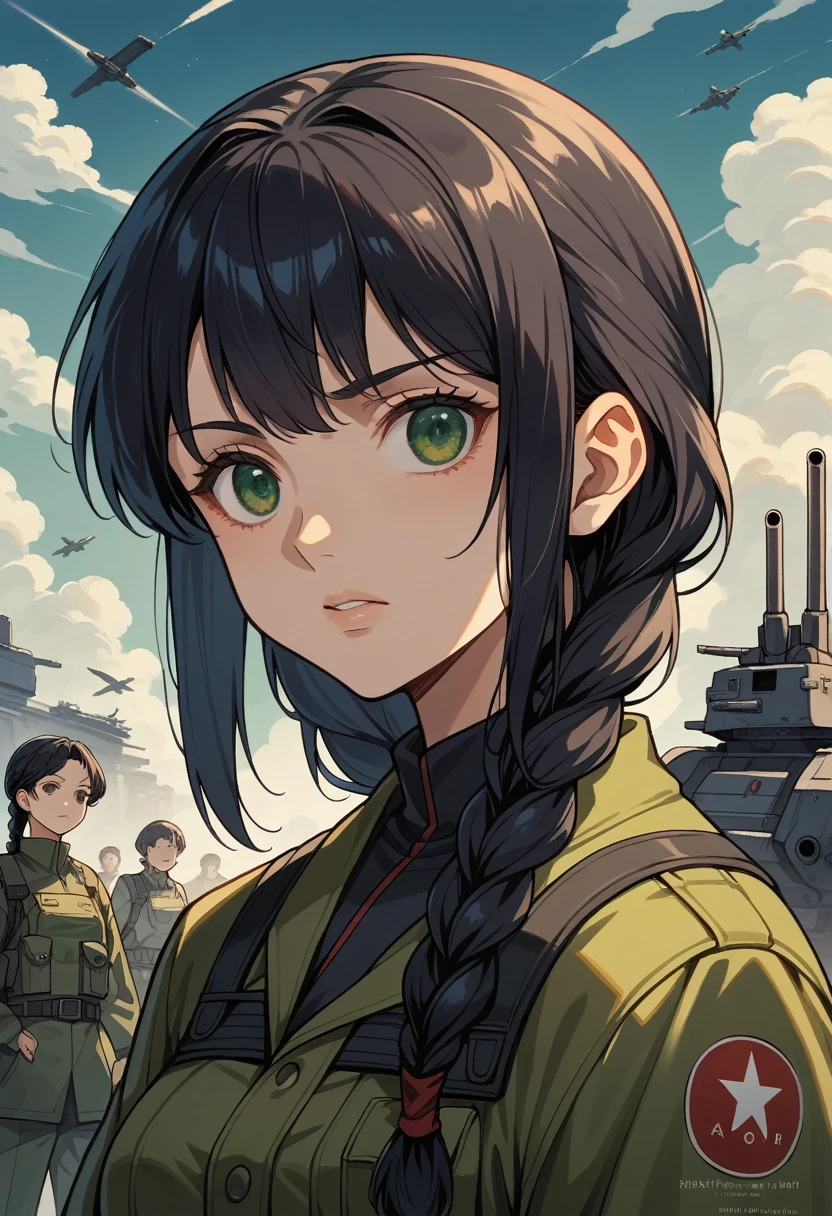 movie poster,((braided hairstyle : 1.5)),Anime reference 86 ,Science fiction,Science fiction,Movie,War Action Movie,Cosmos,atmosphere,sky,Battleship,several characters,women,Adults,green eyes,black hair,(Pia&#39;s Hairstyle with Bangs) : 1.8 ),(red glasses),General uniform,White commander uniform,Realistic facial details,Realism,3D face,