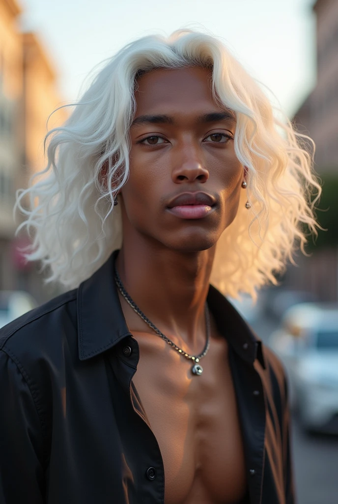 real person.
Asian, 23 year old effeminate man.
black skin, olive green eyes, pink lips, white wavy hair down to the shoulders.
