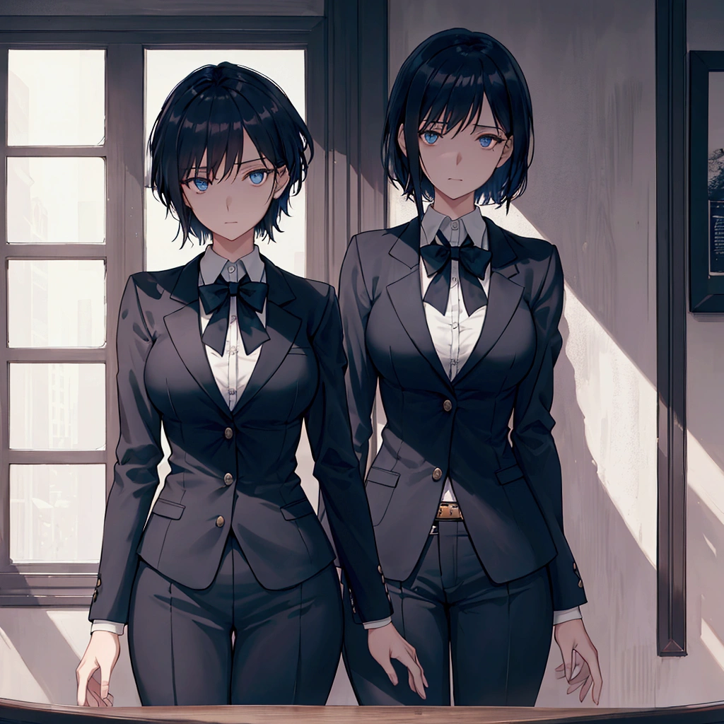 a woman in a school uniform, dark sweater tied around her hips, dark blue blazer, sitting behind a table in a coffee shop, facing the viewer with an arrogant expression, detailed face, beautiful shining short dark hair, medium-large breasts, highly detailed, cinematic lighting, dramatic colors,