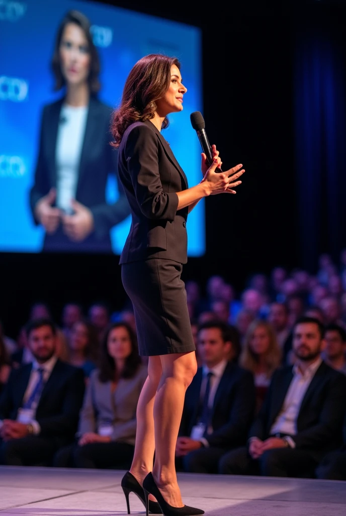 A brunette woman, slim, with medium wavy hair is lecturing: She's on top of a stage, with a microphone in hand, for a huge audience, a background screen with your photo, She is wearing formal clothes and heels