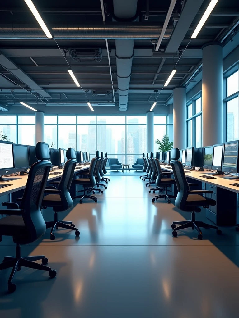 there are many computers and monitors in this office with a lot of windows, offices, office interior, office ceiling panels, empty office, modern office, office room interior, huge office, commercial lighting, set inside of office, office furniture, office cubicles, commercially ready, professional comercial vibe, high-tech environment, open office , unreal engine lighting