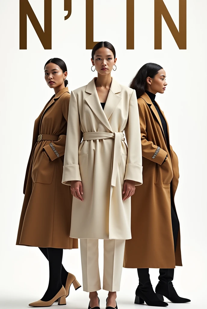 Create a fashion poster for the brand N'Lin, showcasing its chic and trendy style. The poster should appeal to young women aged 25-30, highlighting the brand's focus on fashionable and contemporary designs. Use a sleek and modern aesthetic with high-quality visuals that exude sophistication and style. Incorporate elements like bold typography, elegant models, and a clean layout that reflects the brand's identity as a leader in high-end fashion for young, stylish women. The overall design should convey a sense of exclusivity, confidence, and cutting-edge fashion.
