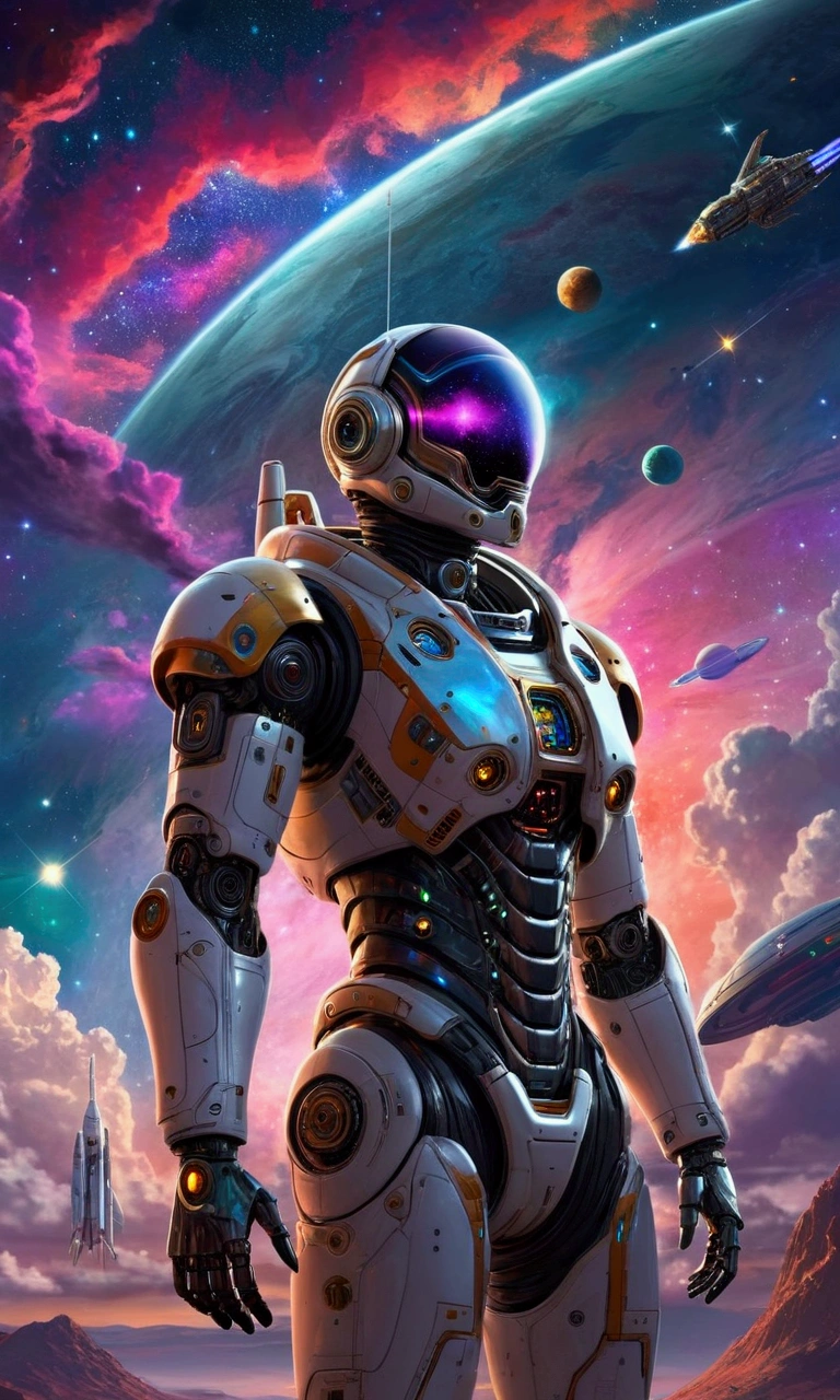 space-themed a robot with a space suit and a space ship in the background, with a colorful sky and clouds, Ai-Mitsu, highly detailed digital art, cyberpunk art, space art . cosmic, celestial, stars, galaxies, nebulas, planets, science fiction, highly detailed