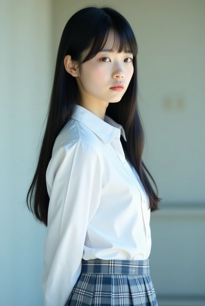 Japanese high school girl with straight black hair。
The uniform is a white shirt, giving it a realistic, photo-like feel.。
The skirt is checkered in light blue, navy blue, and gray.。
Her skirt is above the knees, her hair is waist-length, her bangs are neatly trimmed and cover her eyebrows, she has a troubled look on her face, she looks like a member of Nogizaka46, she is seen from the right diagonal, her height is 180cm。
Model-like, almost like a photograph