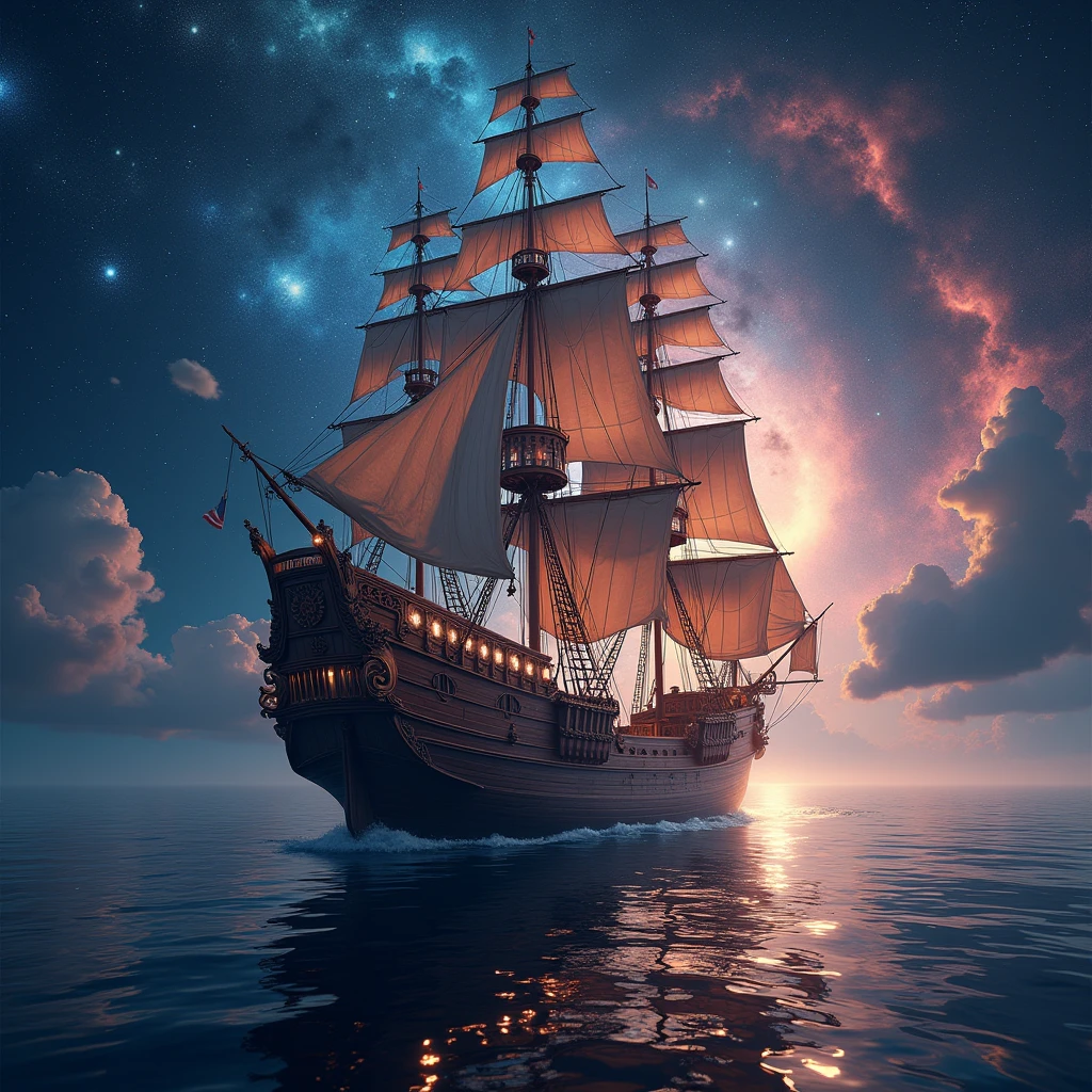 Wooden sailing ship flying through the stars、Dramatic lighting、Bright colors、Cinematic composition、Ethereal atmosphere、Detailed digital art、Very detailed、8k、masterpiece