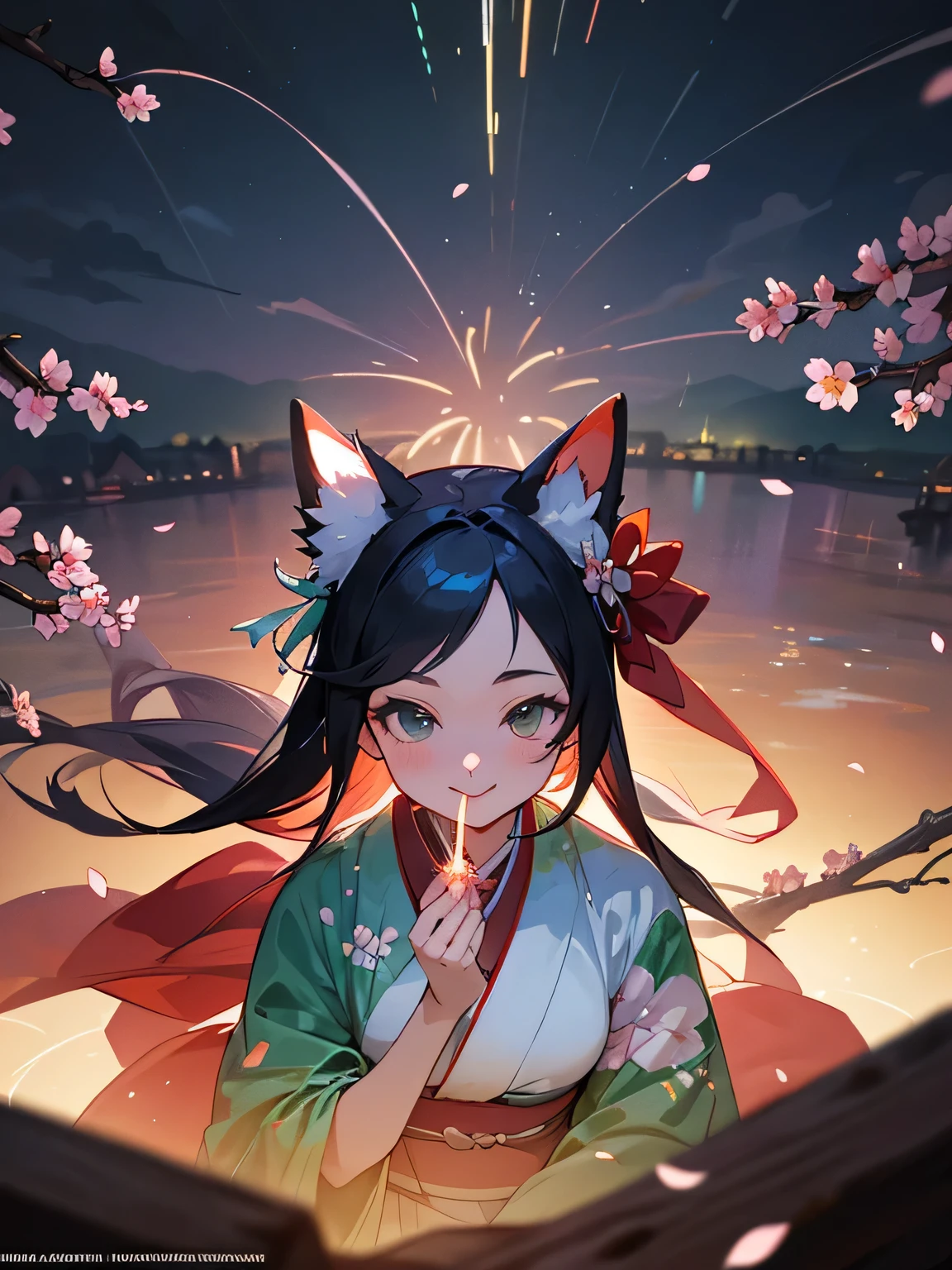 from above:1.2,solo,(leaning foward:1.2),cute face, upperbody,anime girl, black long hair, big red ribbon animal ear, smile,white and mint green kimono,water drop design pattern kimono,deep blue obi,A bird, official artwork, onmyoji detailed art, high detailed official artwork, trending on artstation pixiv, Kawacy, firework, onmyoji, summer festival night,hands in aura:1.2,((Petal flurry:1.2)), ((Blossom storm:1.2))、((Cherry tree))、midnight sea,(castle,city ​​lights in the distance)、((Lots of fireworks:1.3)、(fireworks in the sky:1.2),(I am the star)