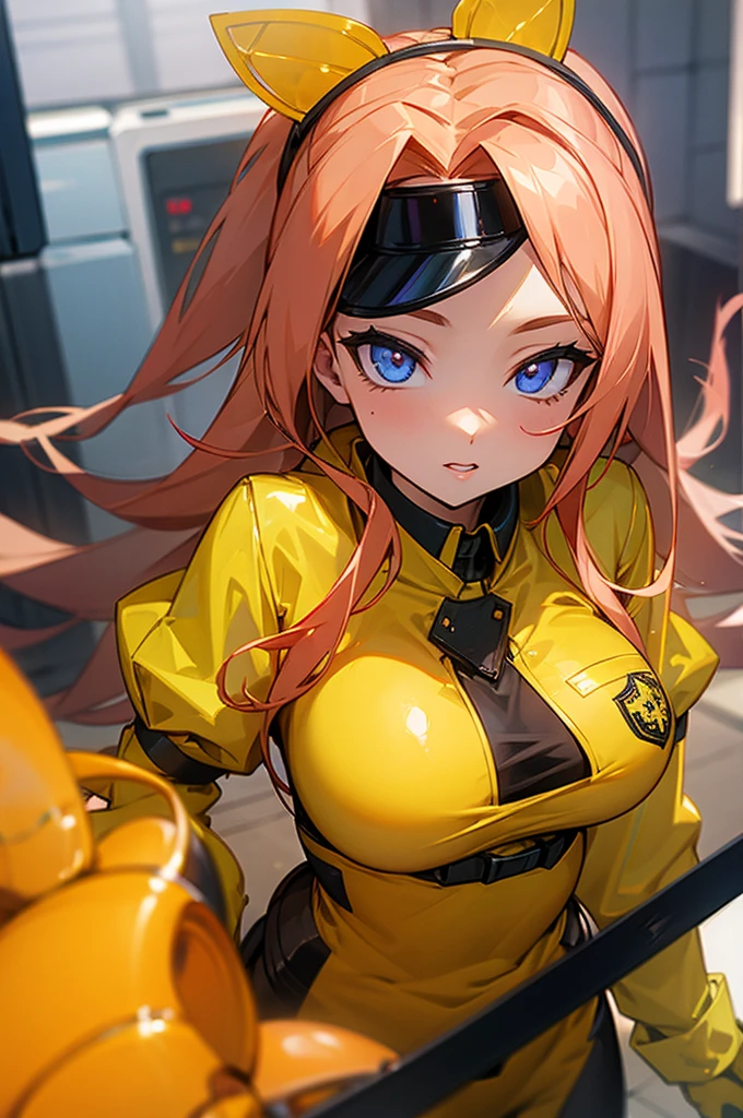 Girl, short colored hair pulled up, yellow clothes, holding a shovel in her hand, big breasts.