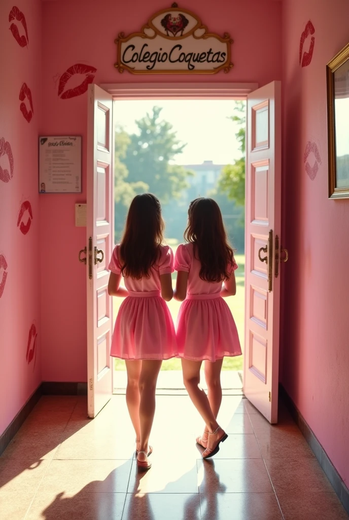 (photorealism:1.2) 
In a pink and white classic school hallway, At the end of the hallway there's a pink big school open door that leads to the school yard, A sign that reads the words "Colegio Coquetas" is over that door, and many drawings of 💋 can be seen on the walls, there are two 16-year-old sexy schoolgirls, white skin, wearing sexy pink see through schoolgirls costumes. Bother girls are standing at the door at the end of the hallway in a very sexy pose. 
View: Over the shoulder perspective photo, 
high resolution, masterpiece, best quality, intricate details, highly detailed, Hiperrealistic