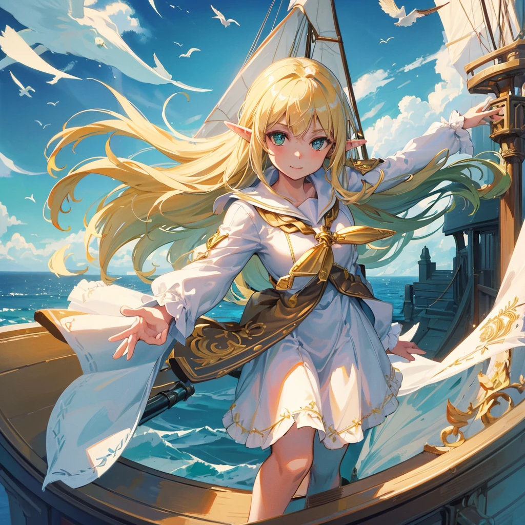 (((masterpiece, Highest quality, High resolution, Attention to detail)))), ((((Fantasy))), One, (Elf Woman)))), (White short skirt with gold embroidery), (Long straight blonde hair), (Shiny dark green eyes), (White frilly blouse with gold embroidery), big, (((On the deck of a sailing ship at sea)), (Vast ocean))), (The sky with clouds)), (( Seagulls flying in the sky)), smile, (Wind), Particles of light flying