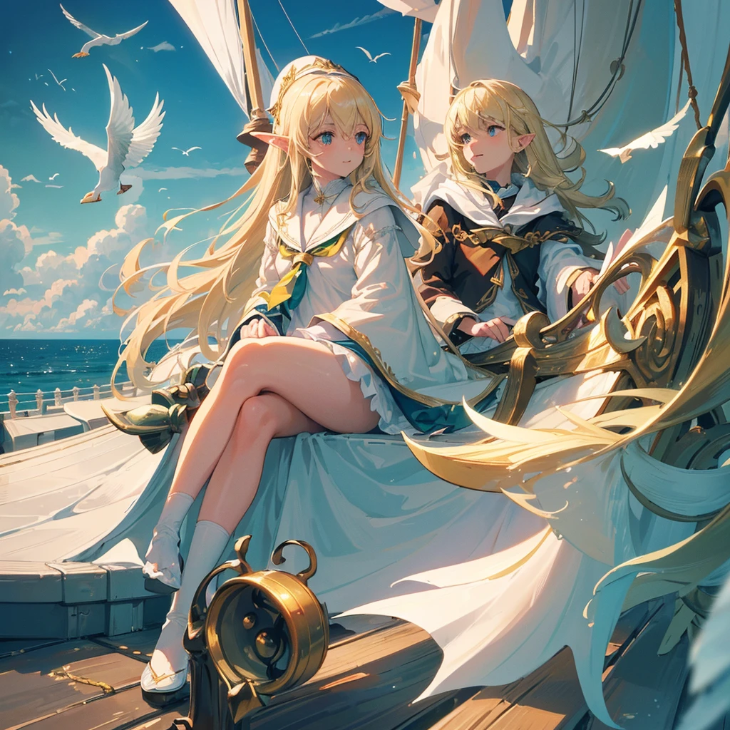 (((Masterpiece, highest quality, high definition, high detail)))), ((((Fantasy))), one, (Elf woman)))), (short skirt of white with gold embroidery), (blonde long straight hair), (glossy dark green eyes), (white ruffled blouse embroidered with gold), big, (((on the deck of a sailing ship at sea)), (vast sea))), (The firmament with clouds visible)), (( Seagulls flying in the sky)), smile, (breeze), particles of light flying