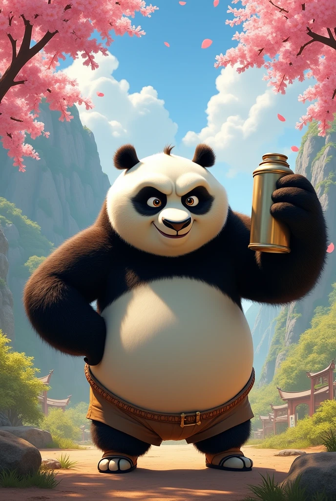 Po from kunfu the anime with a can of gasoline in his hand with gasoline in his hand