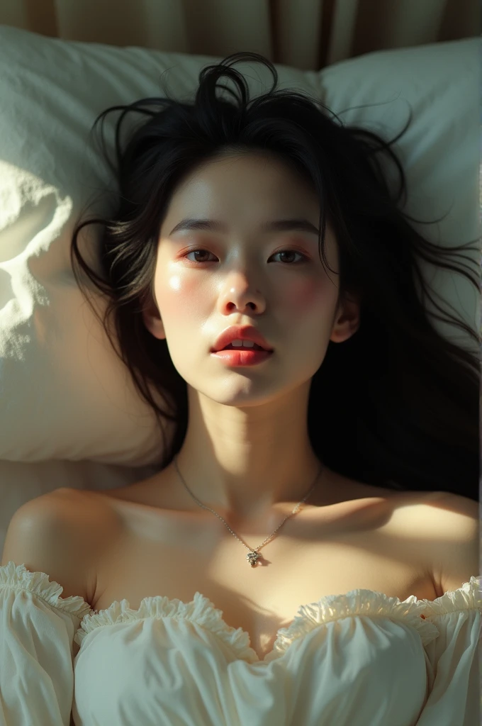 (half opened eye:1.5)、The most beautiful face、japanes、Pure white skin、Long hairstyle、high definition eyes、Brown eyes、Sleeping on her back on the bed、(huge tit、dishevled hair:1.3)、Open your mouth very wide、Raise the chin、blush、(red blush:1.1)、sweat all over、thin makeup、light eyebrow、Long face、Adult face、Luxury bed、a necklace、uhd, high details