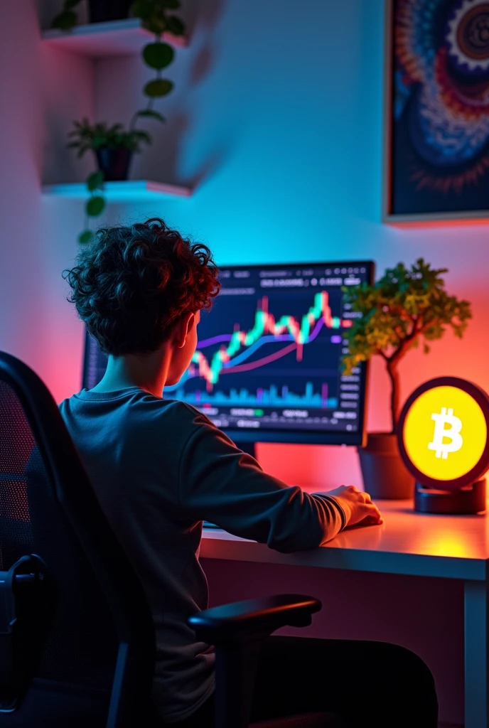 create an image of a boy sitting in the room in the gamer setup, looking at the bitcoin chart, place a small bonsai on the table, and a lamp with the bitcoin logo, the image is kind of sideways ,a little back, the boy is white with dark brown curly hair the hair is short