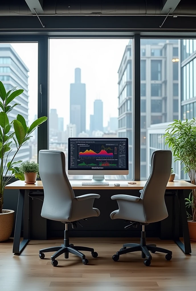 Create a design of a place where there is a computer, desk, Chairs. It is a work area.
