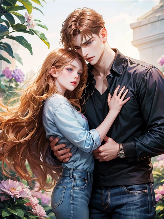 Couple, 1 girl 1 boy, different hair color, medium copper colored hair girl, wavy hair girl, no bangs girl, violet eyes girl. Violet and jeans girl, Short blonde hair boy, wavy hair boy, sky blue eyes boy, black shirt and jeans boy, height different, detailed eyes, face, hand. they look into each other's eyes. They hug. Background flowers