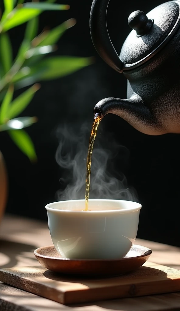 Front diagram.Close-up of pouring tea into tea cup.(anatomically correct)cast iron kettle(Detailed description of the texture of iron)teapot.Exquisite white ceramic glaze small teacup set on wooden coasters. Dark black mist gradient bokeh background.Inspired by the tea ceremony scene, cozy atmosphere, Zen and calm, A taste of serenity and zen, Warm and respectful atmosphere, Comfortable environment, Just relax, feeling of happiness, Afternoon light and shadow.high quality. High style.Zen style bamboo branches and leaves background（best quality）（intricate details）(leave a big blank)Minimalism, romanticism, Chiaroscuro, outer boundary, Ultra high quality, masterpiece, , Super detailed, best quality.Nice photos