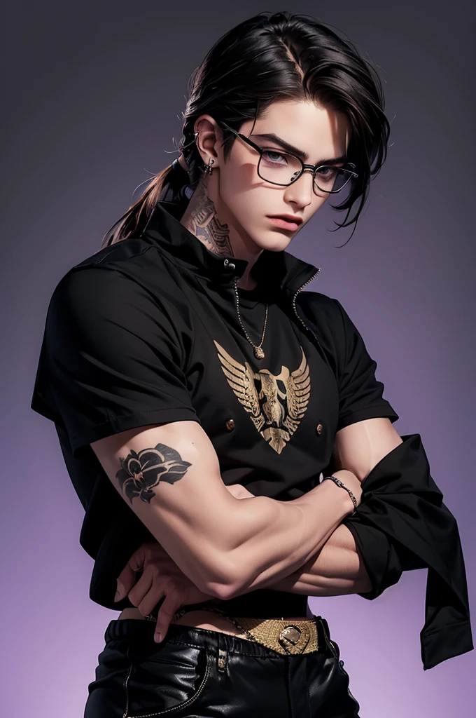 ((Best quality)), ((masterpiece)), (detailed), ((perfect face)), ((half of the body)) perfect proportions, he is a bad boy, 18 years old, he has disheveled long brown hair gathered in a ponytail, combed back, lilac eyes, glasses in a thin Rimmed, badass, he's sexy, he has a lot of piercings, he wears black skin, he has tattoos on his arms, he wears tight pants and army boots, he wears accessories with spikes. It's against the background of a night city ((perfect to do)) The whole body+