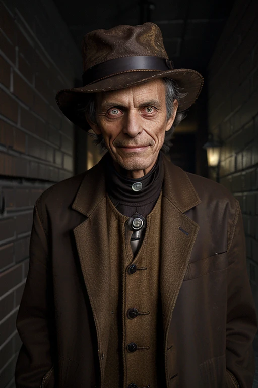 man old, Scrawny, black mad scientist hair, wearing a brown overcoat, robotic arms, Wearing a brown hat, Evil smile, Eyes red, looking in the darkness, inside an alley
