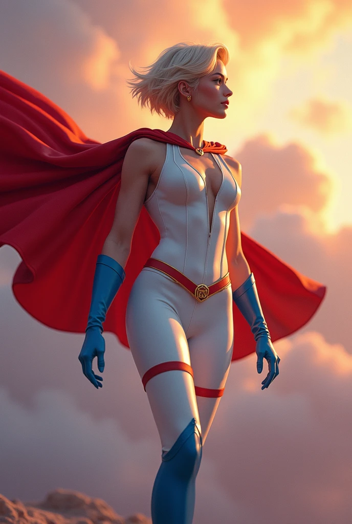 White girl, short blonde hair, muscular build, large breasts, white spandex suit, cleavage window, red cape with golden strap, red and gold belt, blue gloves and boots, powerful pose