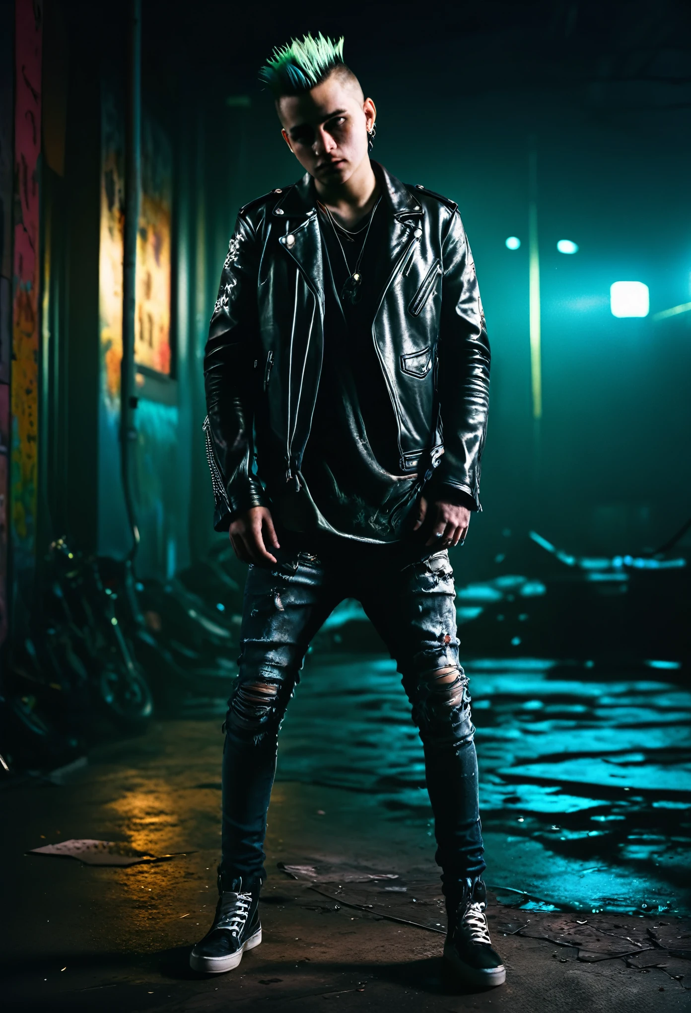 a man with punk style, wearing ripped jeans and a leather jacket, dark moody lighting, dramatic shadows, cinematic composition, high contrast, vivid colors, analogue film texture, Kodak film grain, dramatic lighting, chiaroscuro, gritty, edgy, cyberpunk, neon city backdrop, urban environment