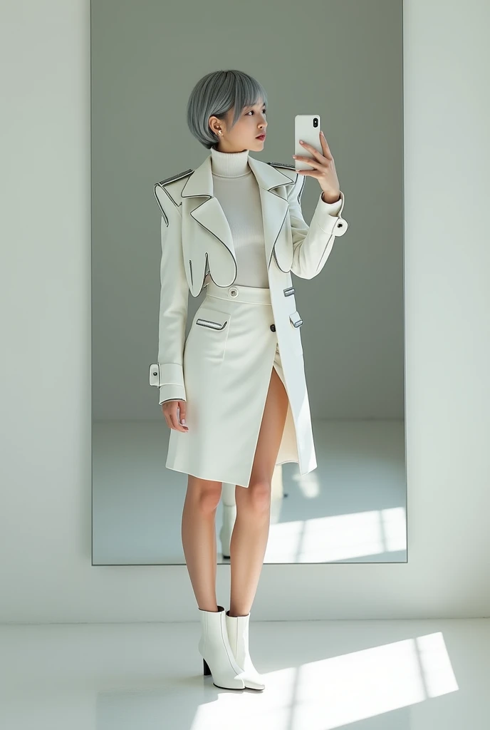 highly detailed, beautiful, hyper Realistic girl, masterpiece, best quality, Japanese sexy gravure woman, 28 years old, identity hidden, takes a selfie in her room using a smartphone in front of a mirror with one hand, fashion model Posing, looking away from the camera, /// gray short hair, light color eyes, Realistic skin, Detailed face, /// Design a futuristic fall fashion ensemble centered on white, keeping in line with minimalist aesthetics. The outfit should include a white, form-fitting turtleneck with metallic accents and asymmetrical sleeves, paired with a high-waisted, white A-line skirt made from a tech fabric that has a slight sheen. Layer with a structured, short white jacket featuring angular shoulder pads and reflective panels. Complete the look with white ankle boots that have a metallic finish and a translucent, geometric bag. The overall vibe should exude a sleek, forward-thinking style that seamlessly blends modern minimalism with a touch of the future, /// Monotone simple modern taste single room, mirror, complicated background,