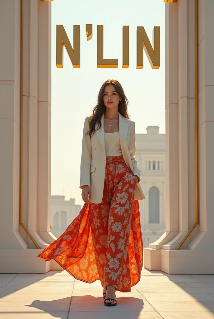 Create a fashion poster for the brand N'Lin, showcasing its chic and trendy style. The poster should appeal to young women aged 25-30, highlighting the brand's focus on fashionable and contemporary designs. Use a sleek and modern aesthetic with high-quality visuals that exude sophistication and style. Incorporate elements like bold typography, elegant models, and a clean layout that reflects the brand's identity as a leader in high-end fashion for young, stylish women. The overall design should convey a sense of exclusivity, confidence, and cutting-edge fashion.