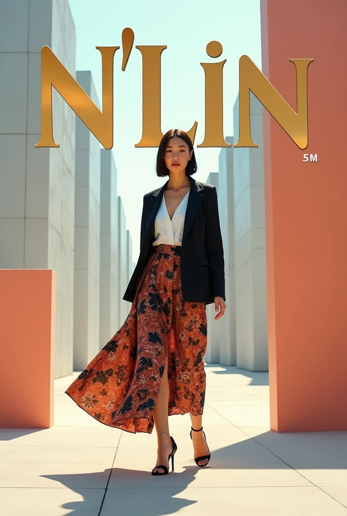 Create a fashion poster for the brand N'Lin, showcasing its chic and trendy style. The poster should appeal to young women aged 25-30, highlighting the brand's focus on fashionable and contemporary designs. Use a sleek and modern aesthetic with high-quality visuals that exude sophistication and style. Incorporate elements like bold typography, elegant models, and a clean layout that reflects the brand's identity as a leader in high-end fashion for young, stylish women. The overall design should convey a sense of exclusivity, confidence, and cutting-edge fashion.

