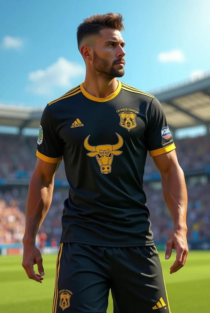 Soccer uniform with black and gold colors  , with symbols of a bull and a lobster 