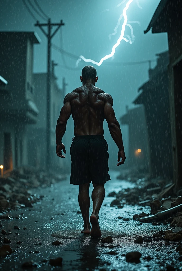 Generates a very strong, short, bald man walking in a storm with his back turned without a shirt