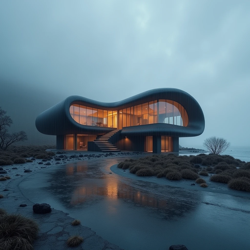 Fotografía RAW tomada con la Nikon D7500 + Cámara NIKKOR AF-S DX, lente de 18 mm, ultra ancho, 8K, calidad superior, hdr, Realismo extremadamente alto, extreme realism, lamp temperature 9,000K, at 7 am, En una mañana muy fría con (((lluvia fuerte y fuerte))) y un (((cielo completamente gris))). En el corazón de una ciudad vibrante, A hyperrealistic image of a house inspired by Casa Quinchuyaku by Emilio López Arquitecto, fused with the organic forms and architectural style of Fran Silvestre. The house seamlessly integrates natural elements with sleek, modern lines, creating a harmonious blend of organic architecture and minimalism. The design features expansive glass walls, smooth curves, and a connection to the surrounding landscape, with a focus on light and shadow interplay to enhance the structure's fluidity and elegance.