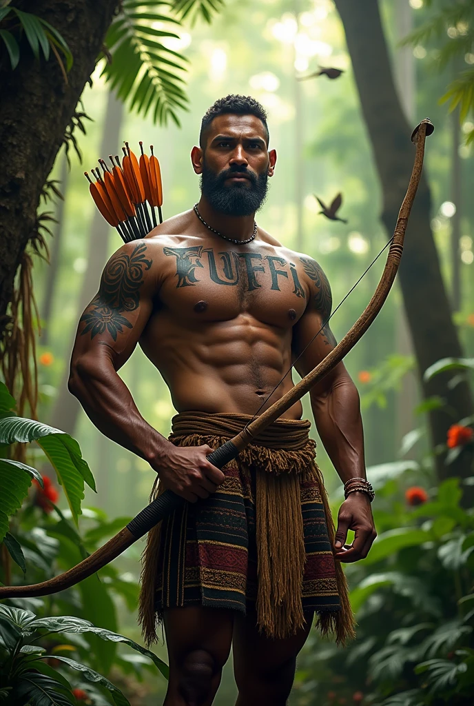 Create a mascular traditional man standing in the middle of the tropical forest holding a bow and arrow and on his chest has a tattoo name TUFFII