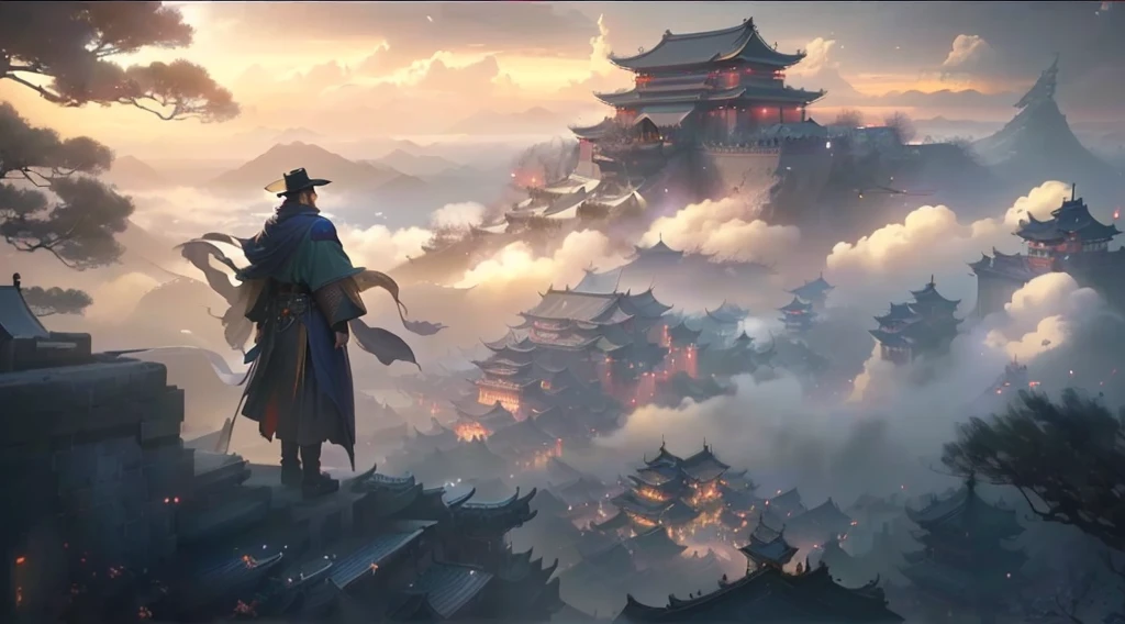 a man in a hat and cloak standing on a hill above a city, cyberpunk chinese ancient castle, beautiful render of tang dynasty, chinese fantasy, by Yang J, ross tran. scenic background, cgsociety and fenghua zhong, by Raphael Lacoste, style of raphael lacoste, traditional japanese concept art, dreamland of chinese, chinese three kingdoms