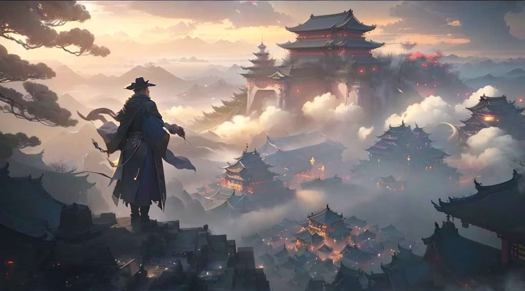 a man in a hat and cloak standing on a hill above a city, cyberpunk chinese ancient castle, beautiful render of tang dynasty, chinese fantasy, by Yang J, ross tran. scenic background, cgsociety and fenghua zhong, by Raphael Lacoste, style of raphael lacoste, traditional japanese concept art, dreamland of chinese, chinese three kingdoms