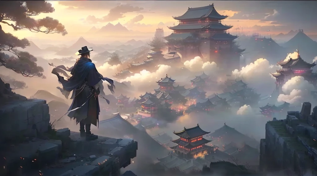 a man in a hat and cloak standing on a hill above a city, cyberpunk chinese ancient castle, beautiful render of tang dynasty, chinese fantasy, by Yang J, ross tran. scenic background, cgsociety and fenghua zhong, by Raphael Lacoste, style of raphael lacoste, traditional japanese concept art, dreamland of chinese, chinese three kingdoms