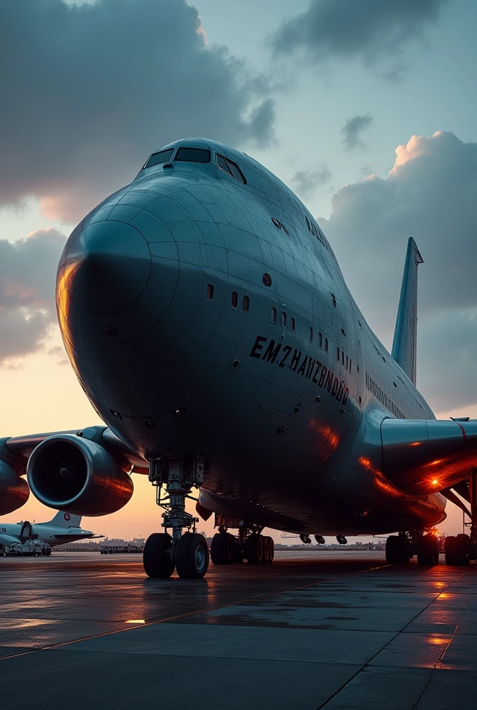 a massive military transport plane, highly detailed, photorealistic, cinematic lighting, epic scale, extreme machinery, gigantic hybrid vehicle, complex engineering, mechanical design, dynamic composition, dramatic shadows, gleaming metal surfaces, powerful engines, imposing presence, industrial aesthetics, gritty realism, moody atmosphere