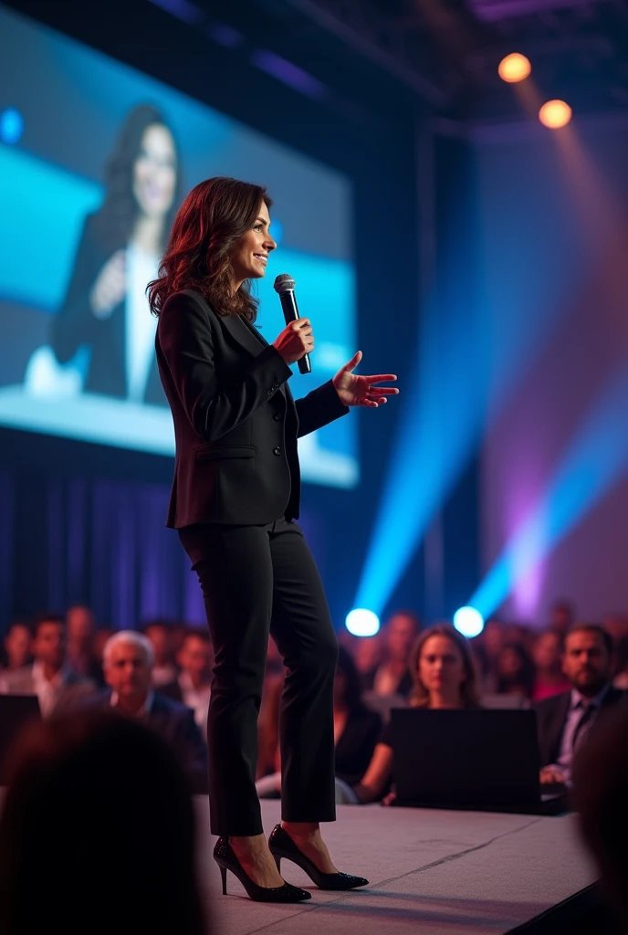   A brunette woman, slim, with medium wavy hair is lecturing: She's on top of a stage, with a microphone in hand, for a huge audience, a background screen with your photo, She is wearing formal clothes and heels