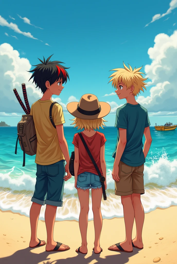 Make an image of 3 agers, one with black hair and red strands, approximately 19 years old. another 18 year old blond teen. a girl of approximately with a sheriff's hat and a katana on her back seeing a beach and a boat on it