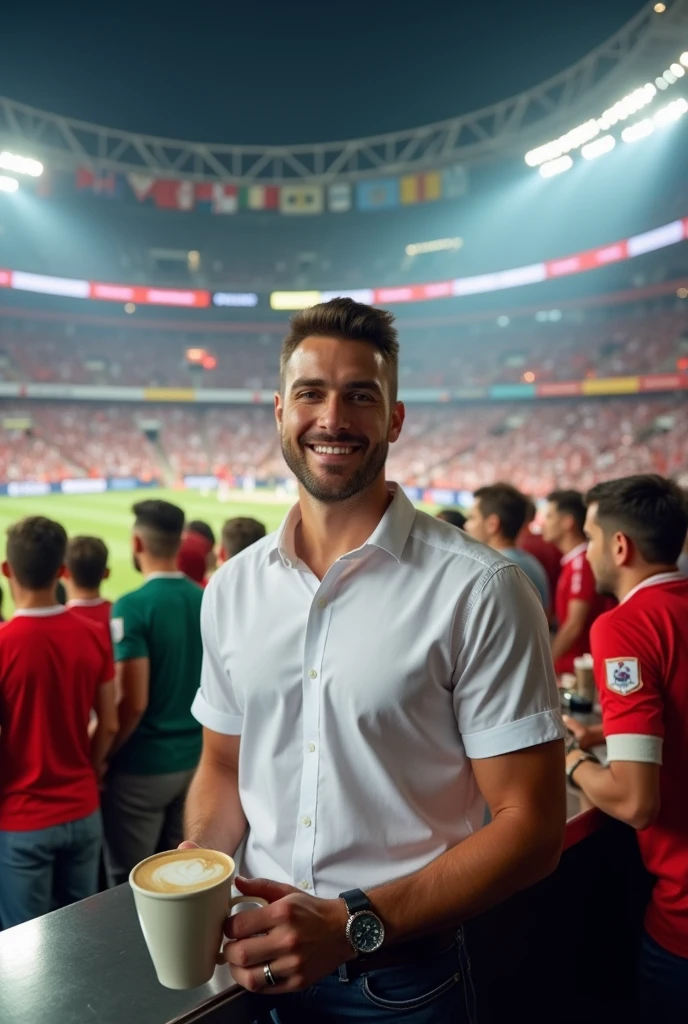 Barrista in the stadium with white shirt