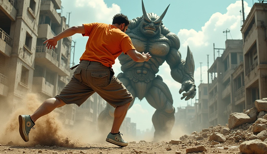 Muscular man wearing a shirt with long shorts Long loose shorts With pockets on the sides with converse sneakers Orange T-shirt and brown shorts Long short, long short, long Fighting in a destroyed city against a kaijin while flying