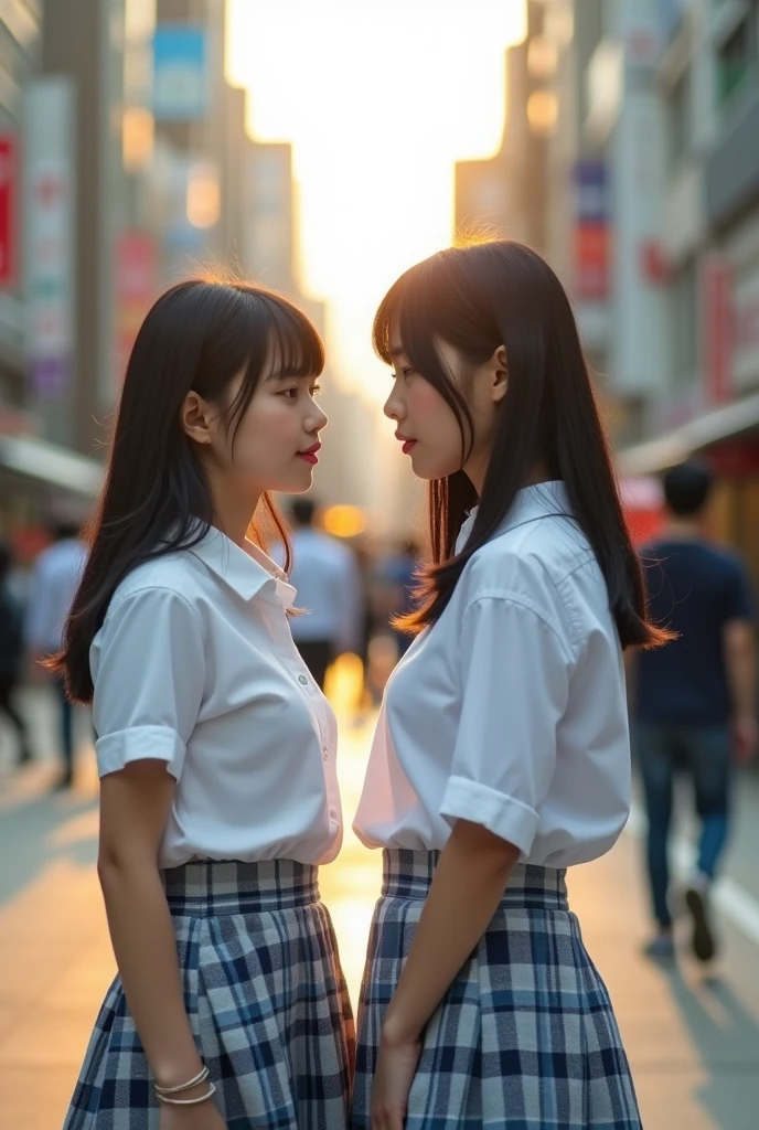 Japanese high school girl with straight black hair。

The uniform is a white shirt, giving it a realistic, photo-like feel.。
The skirt is checkered in light blue, navy blue, and gray.。
Her skirt is above the knees, her hair is waist-length, her bangs are neatly trimmed and cover her eyebrows, she has a troubled look on her face, she looks like a member of Nogizaka46, she is seen from the right diagonal, her height is 180cm。
Together with his twin brother who looks like a model, a picture that looks just like a photograph