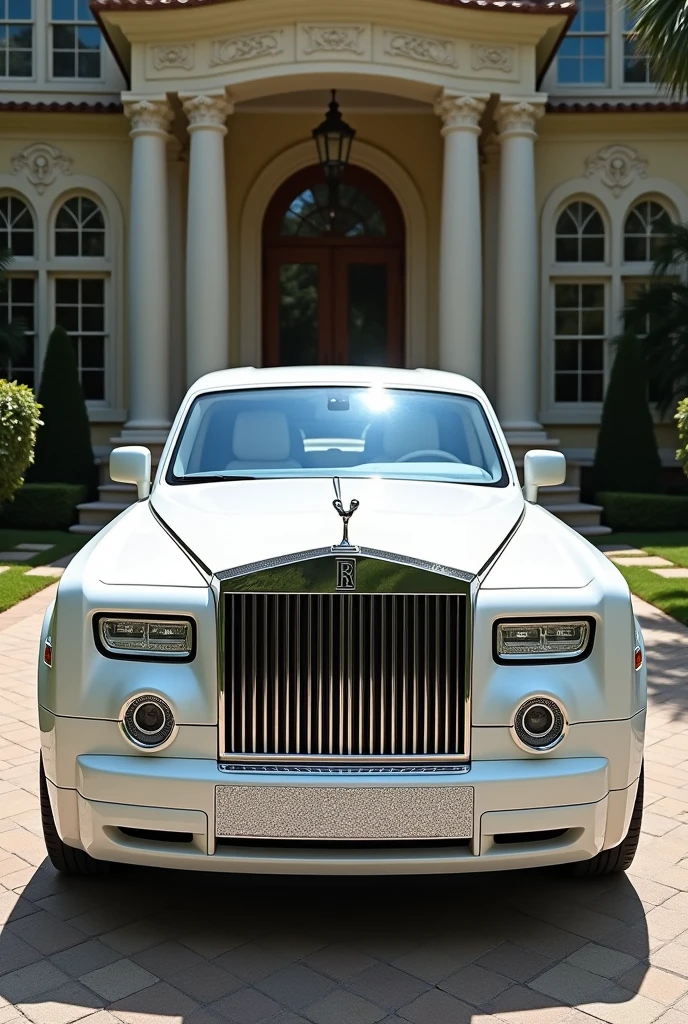 A diamond themed
rolls royalce phantom with white colour standing outside a mansion
