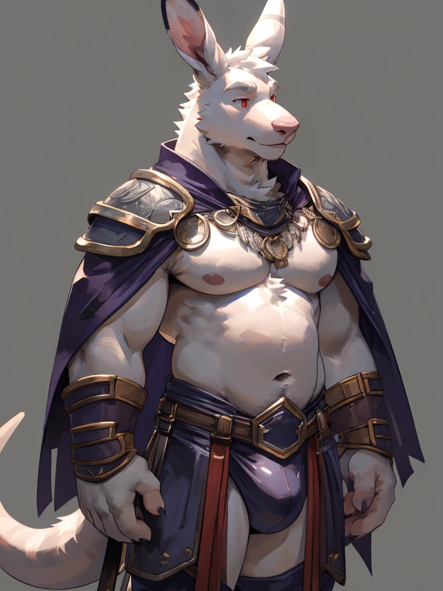 Solo, male, albino kangaroo, in one color tone, with tall rabbit ears, in black gladiator shoulder cape, navel showing, in tiny purple gladiator leather subligar, chest, big chest view, ((focus body, furry focus, shades focus, body shades)) (((gray background, gray wallpaper, one color))), by darkgem, by mystikfox61, by glitter trap boy, albino, all white fur, red eyes, pink nose, navel, bulge, full body view, kangaroo tail, small belly