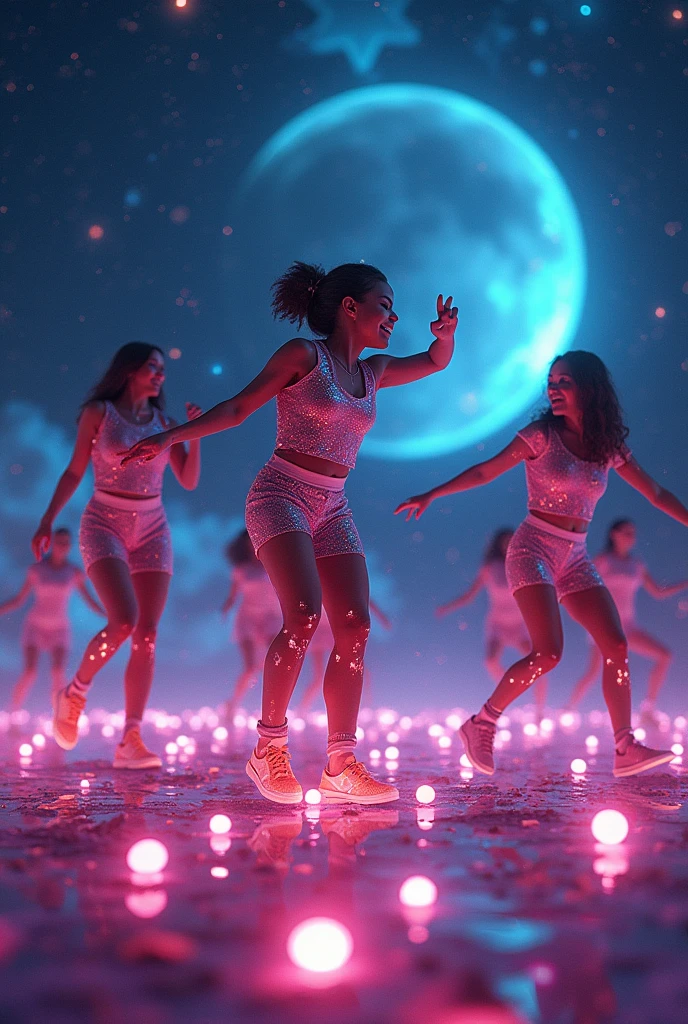 A new planet where a lot of people play tiktok and dance on social. people standing on stars in space
