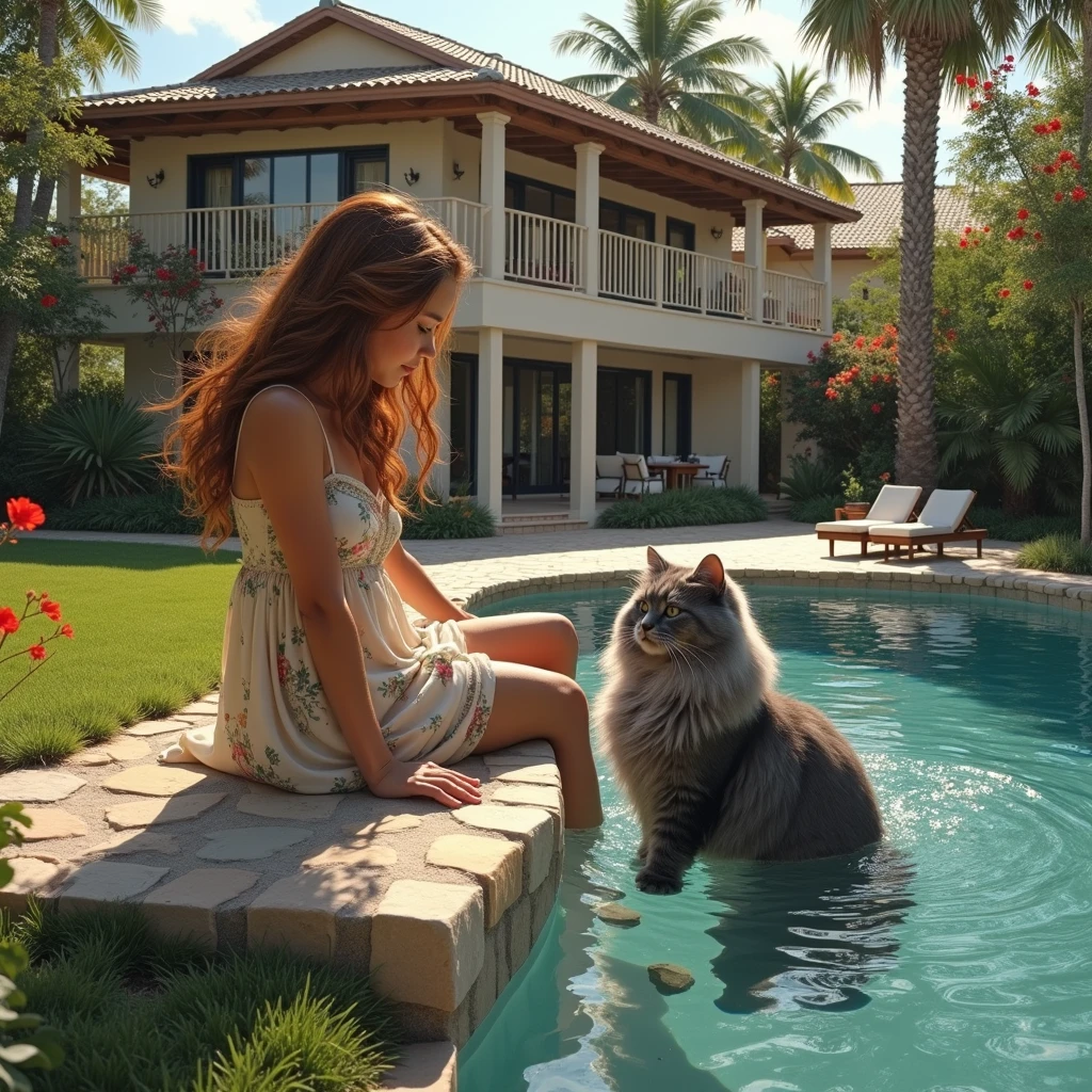 A beautiful girl sits by the pool accompanied by a gray Persian cat