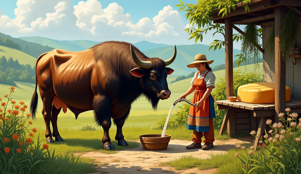 a buffalo in farm in greenry women taking milk and processing cheese